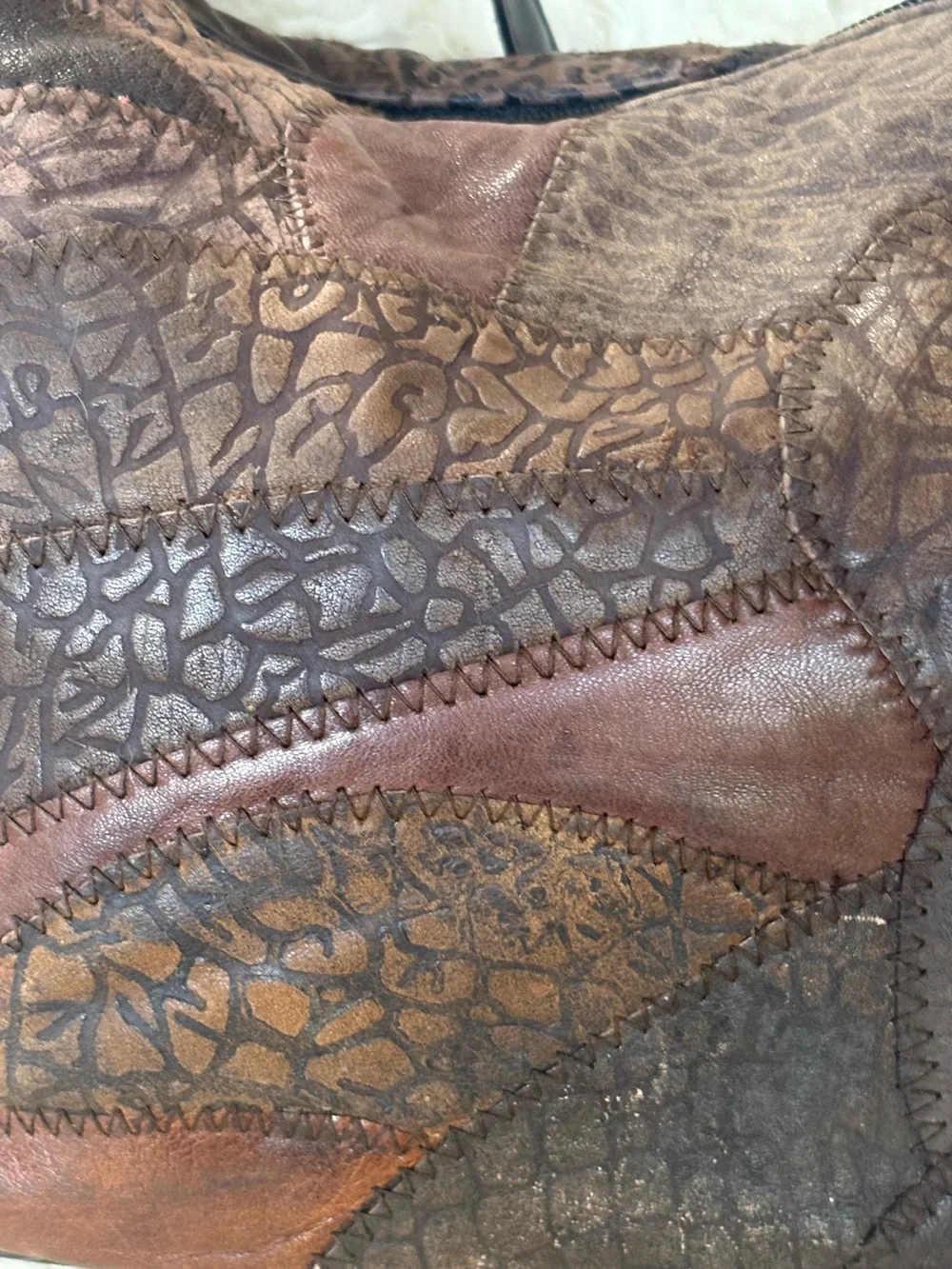 Vintage 70s Leather Patchwork Shoulder Bag Boho Multi Textured Earth Tone Purse